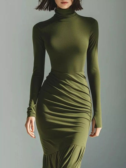 Full Size Slit Turtleneck Ruched Bodycon Mermaid Dress Plus Size - Army Green - View 2
