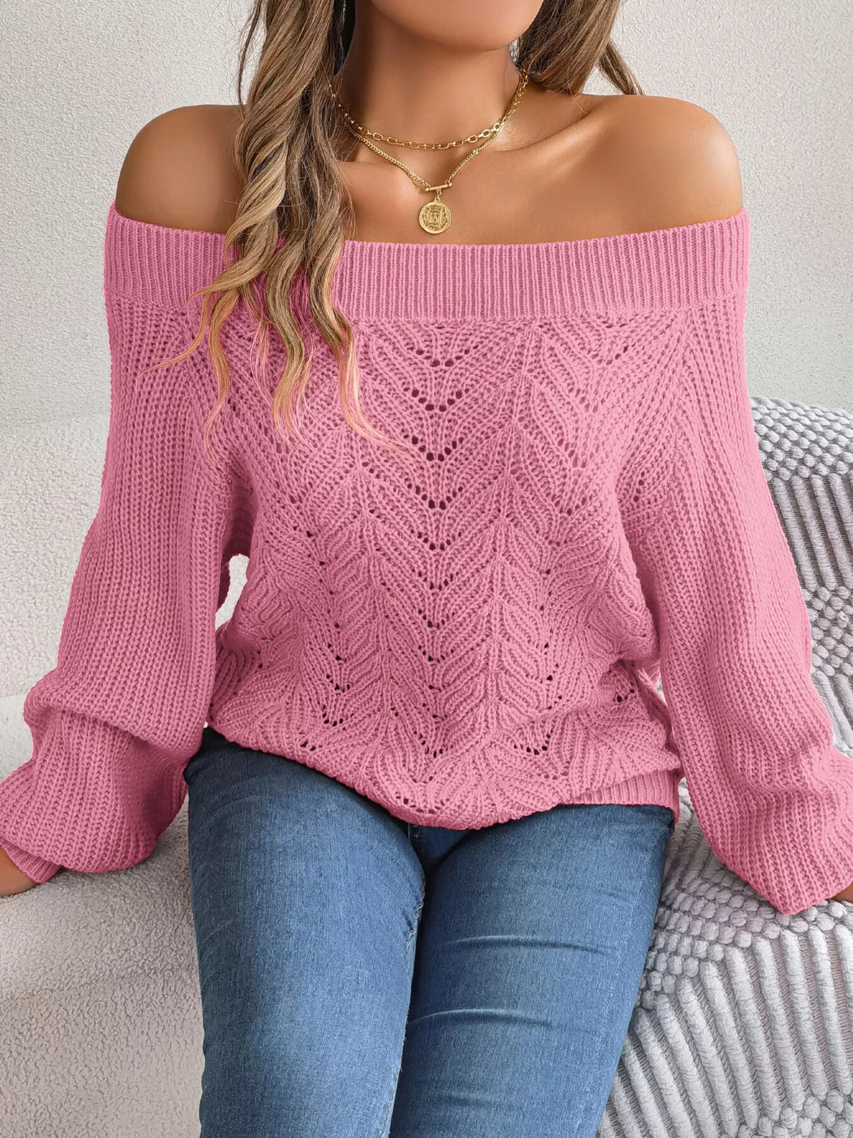 Openwork Off-Shoulder Sweater - Fuchsia Pink - View 2
