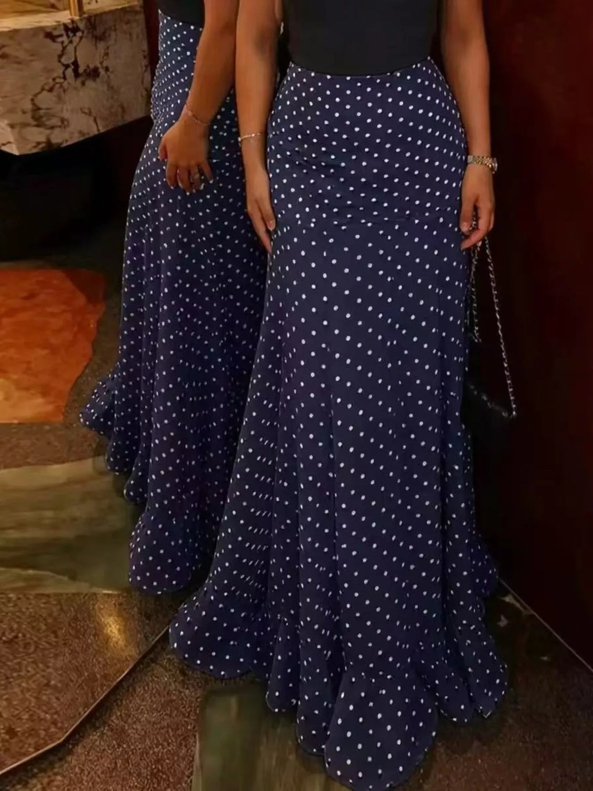 Polka Dot Mermaid Maxi Skirt - Navy Blue - View 14