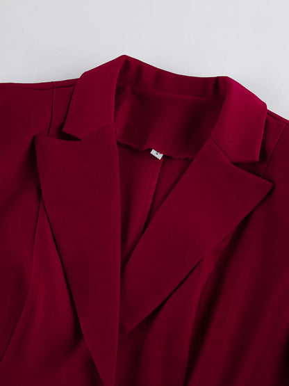 Single-Breasted Blazer and Wide-Leg Pants Set - Burgundy - View 9