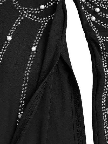Rhinestone Pearl Detail One-Shoulder Mermaid Maxi Dress - Black - View 14
