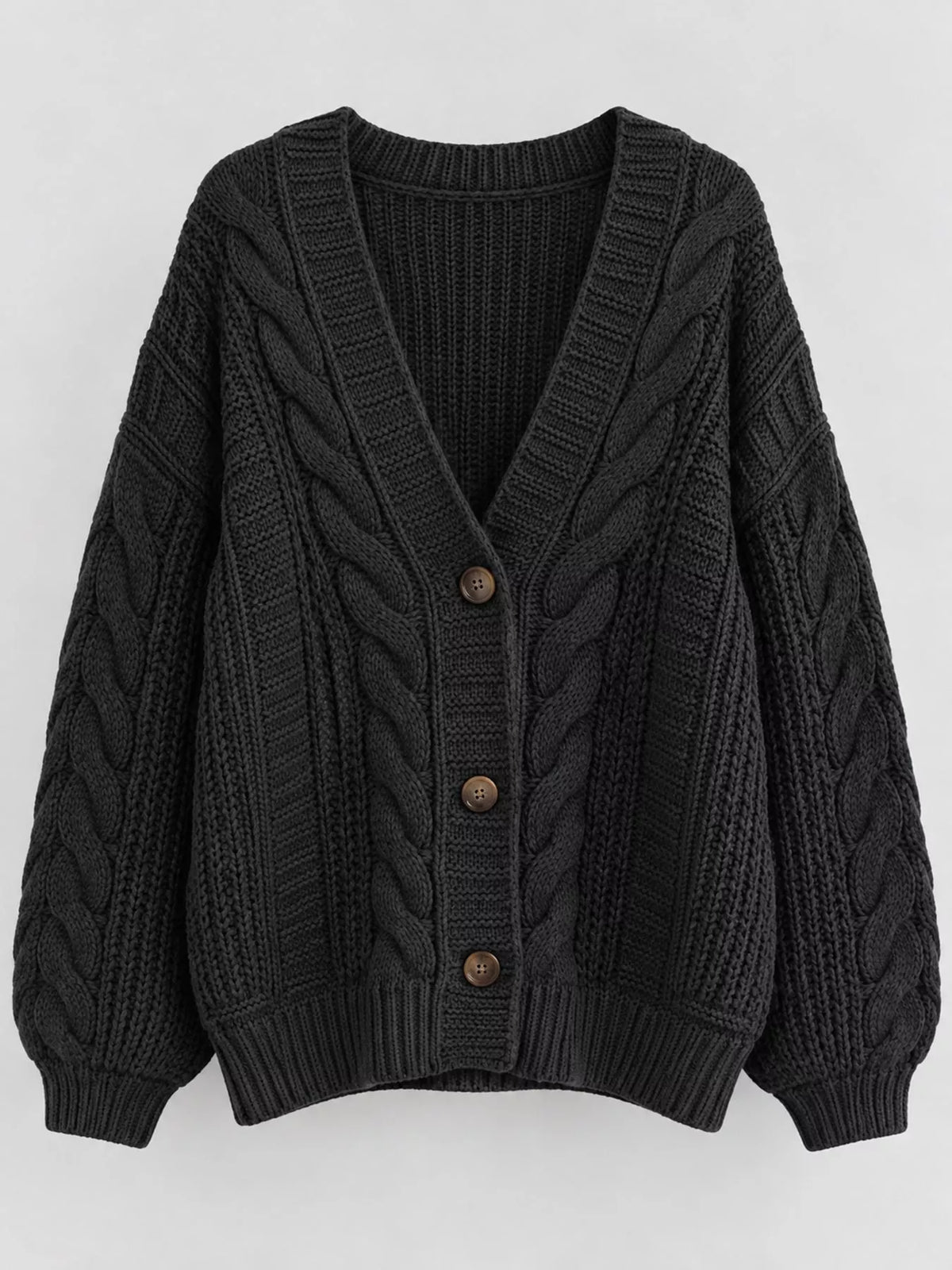 Cable Knit Button-Down Cardigan - Black - View 20