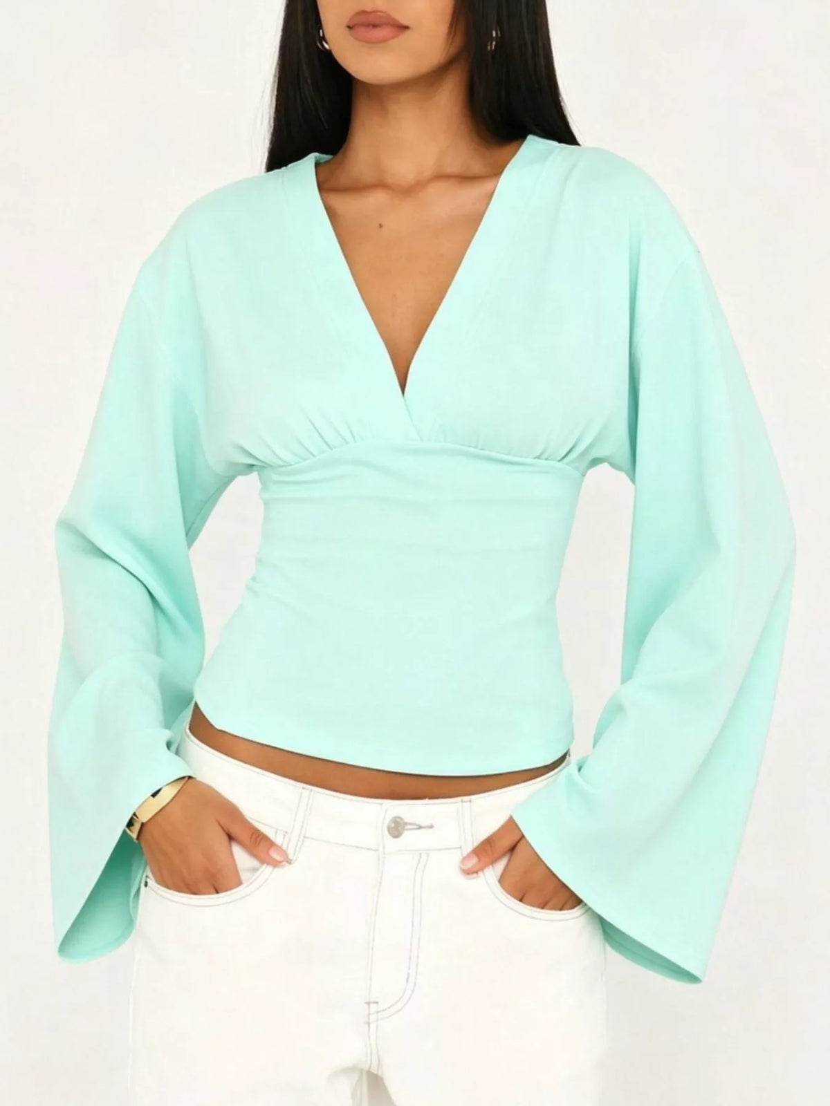 V-Neck Flare Sleeve Blouse - Mint Blue - View 2