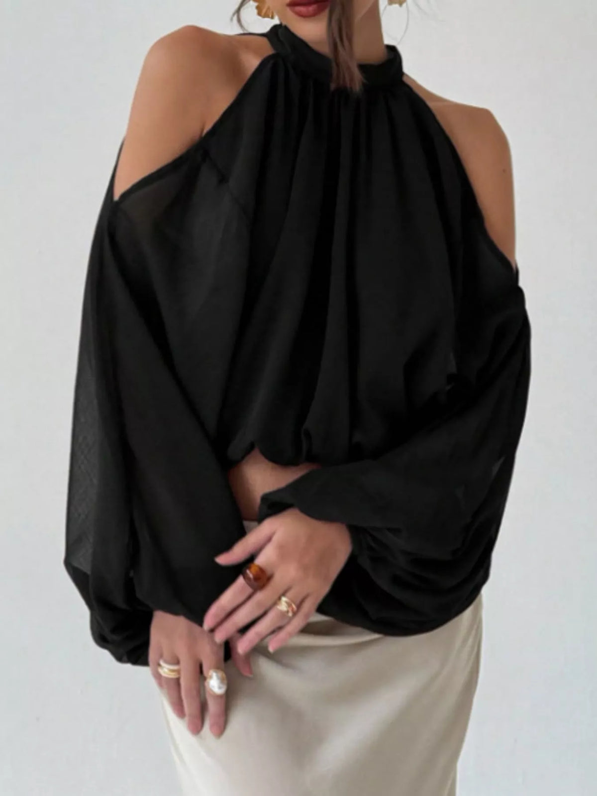 Cold-Shoulder Long Sleeve Blouse - Black - View 8