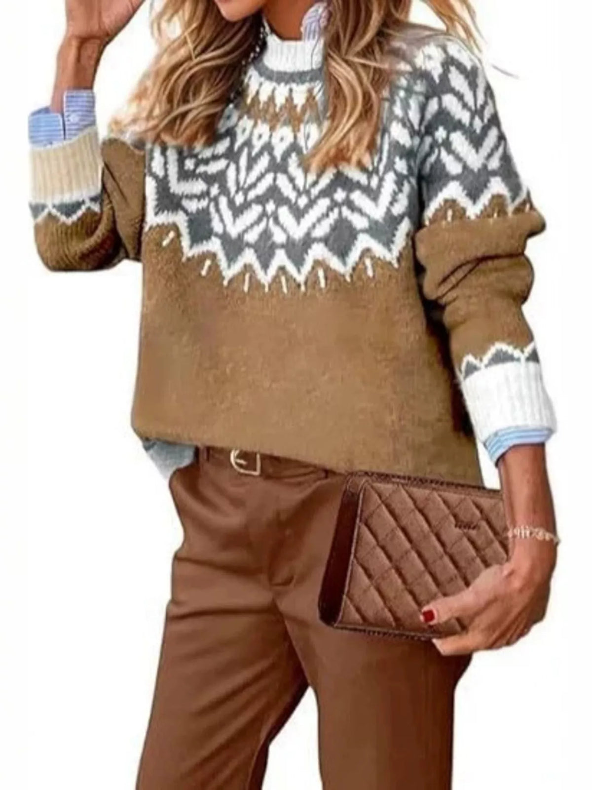 Full Size Fair Isle Patterned Long Sleeve Sweater Plus Size - Camel - View 1