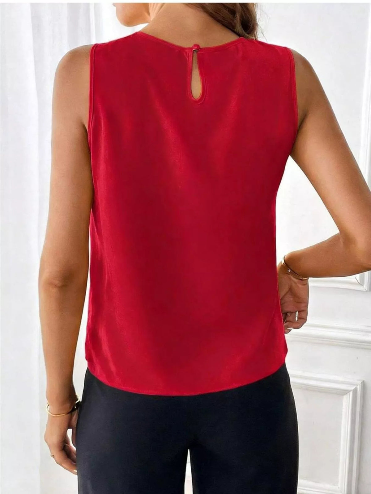 Pleated Round Neck Tank - Red - View 5
