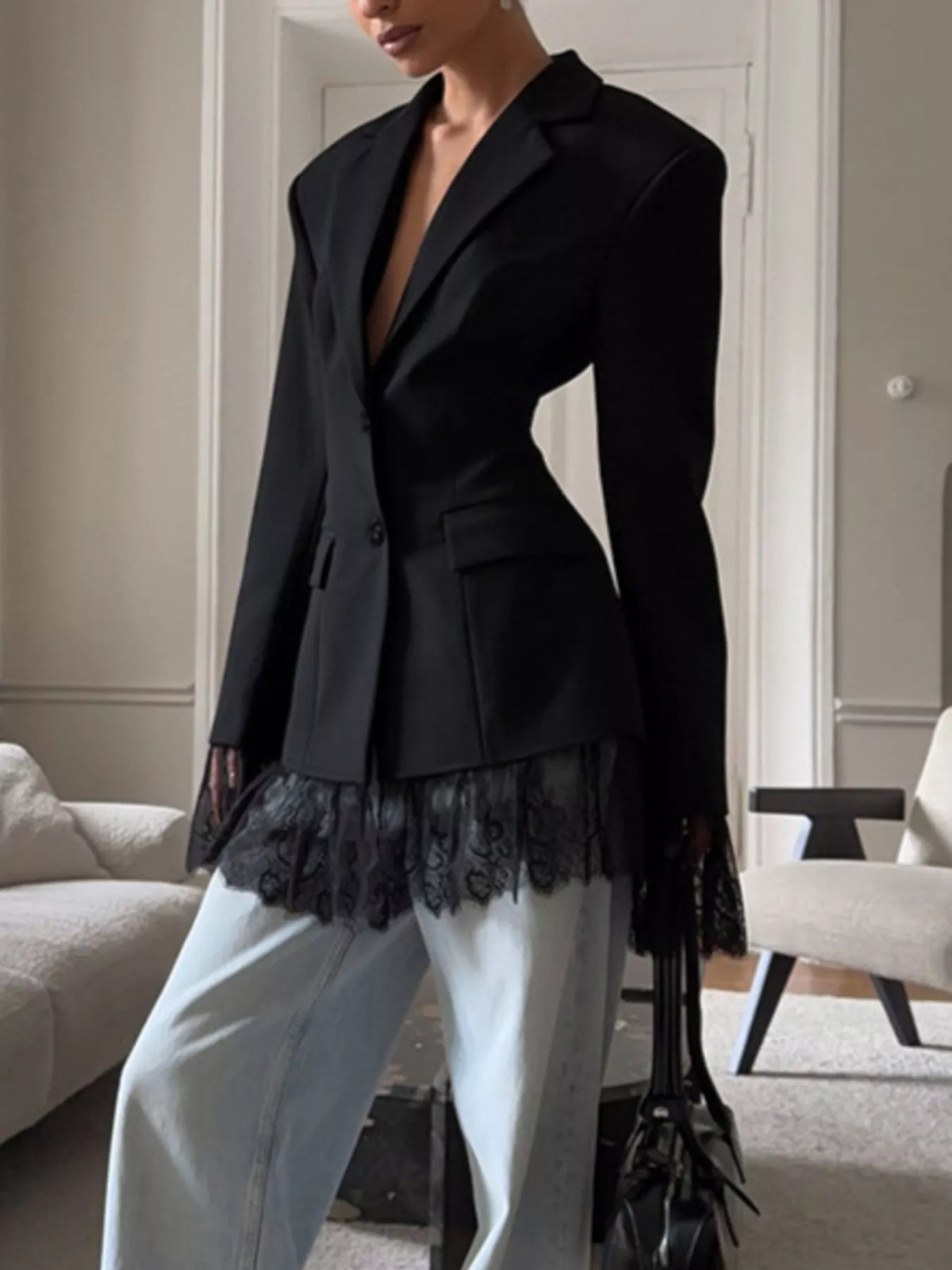 Lace Hem Lapel Collar Blazer - Black - View 8
