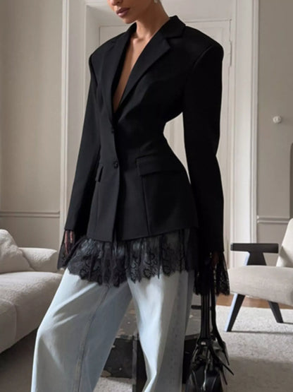Lace Hem Lapel Collar Blazer - Black - View 8