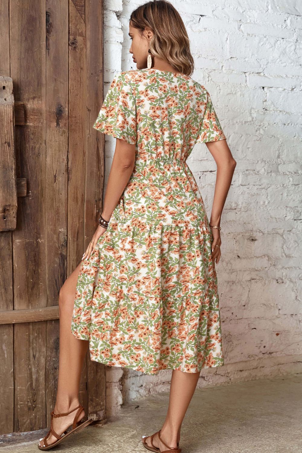 Perfee Floral V-Neck Front Slit Dress - Floral - View 2