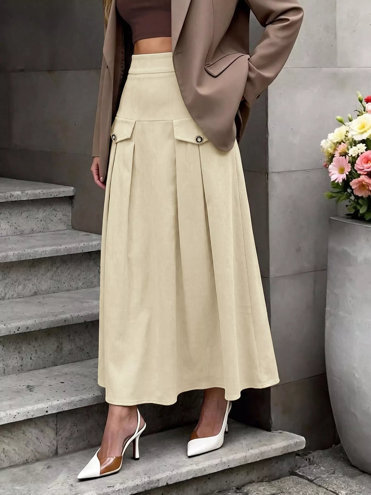 High Waist Pleated Midi Skirt - Khaki - View 4
