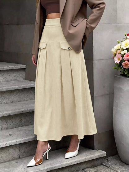 High Waist Pleated Midi Skirt - Khaki - View 4