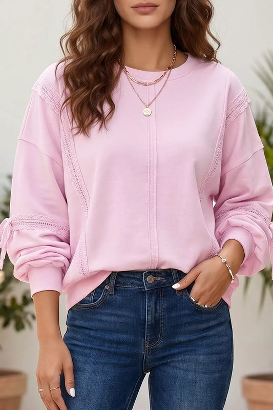 Solid Color Raw Seam Lace Detail Loose Casual Sweatshirt - Blush Pink - View 1