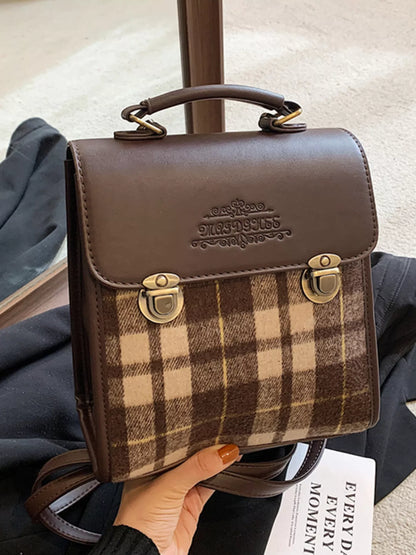 Vintage Plaid Flap Backpack Bag - Brown - View 4