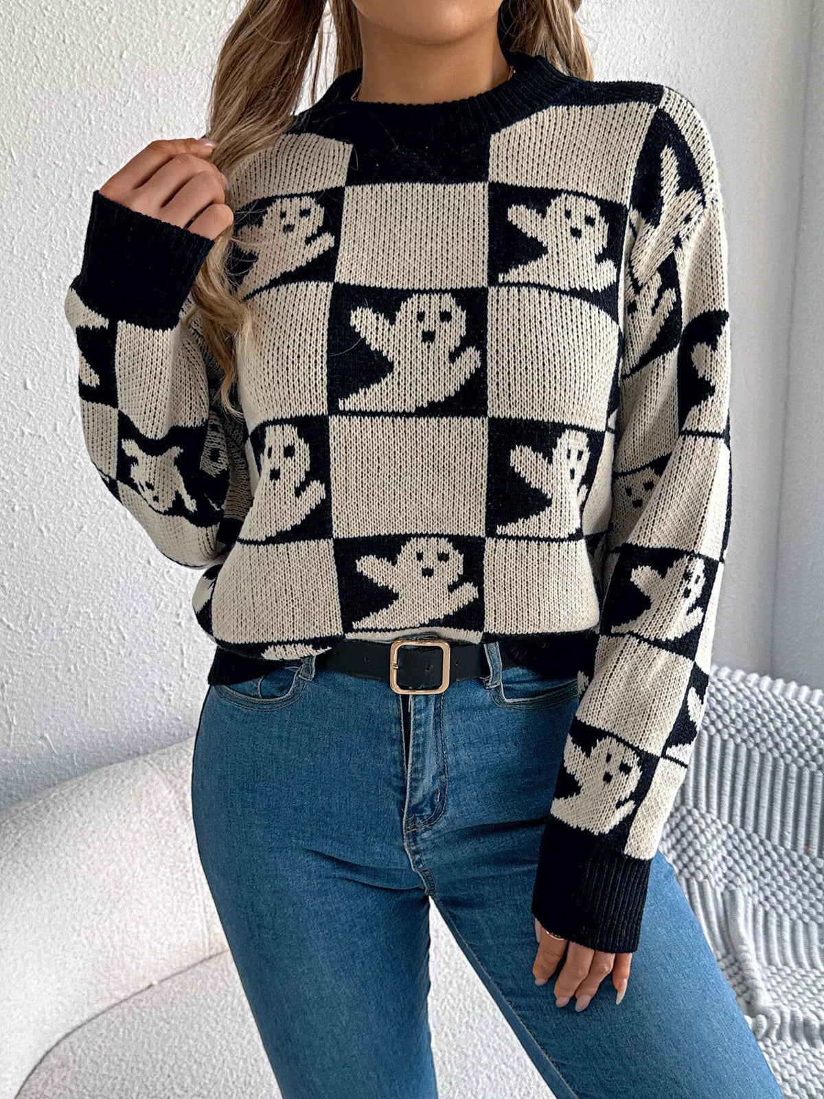 Checkerboard Halloween Graphic Sweater - Beige - View 6