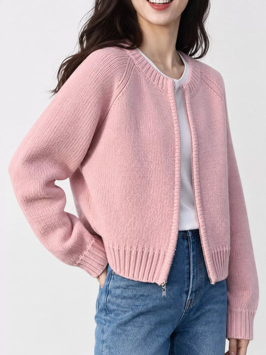 Ribbed Hem Zip-Up Cardigan - Pink - View 1