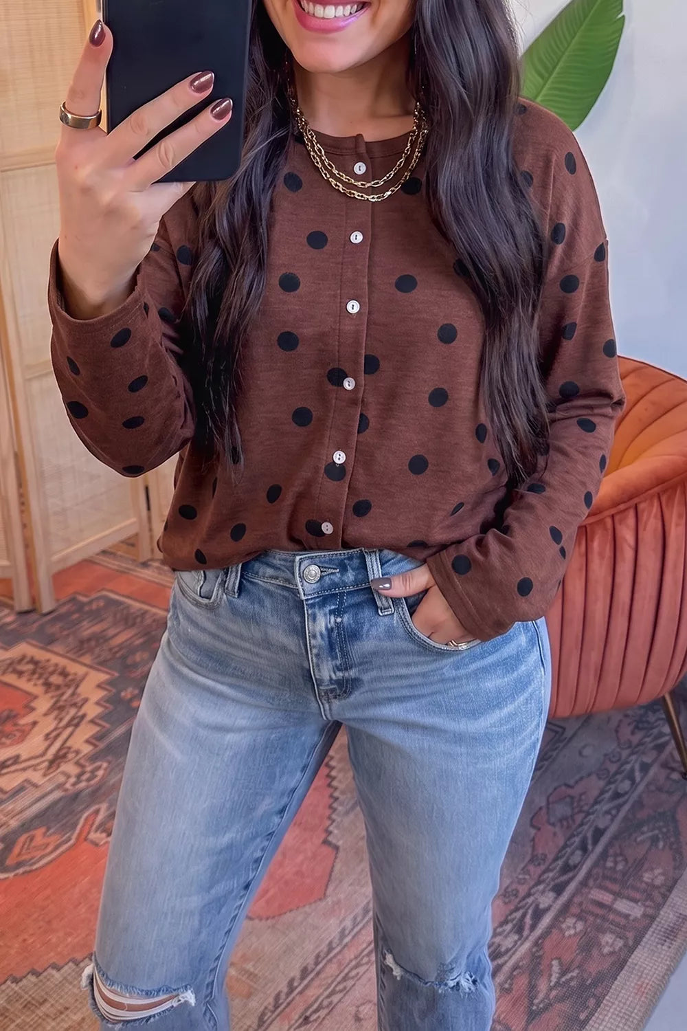 Polka Dot Button Front Long Sleeve Casual Shirt - Brown - View 3