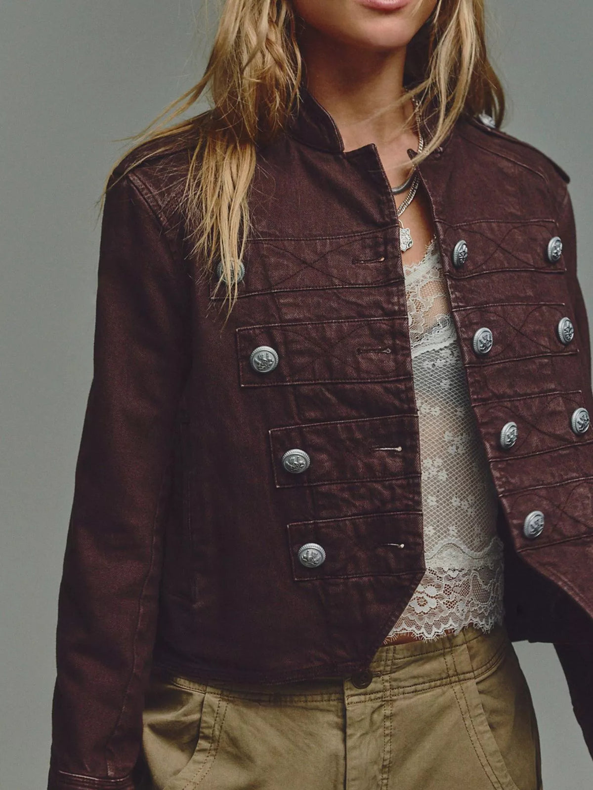Decorative Button Cropped Jacket - Chestnut Color - View 2