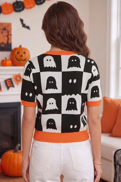 White Geometric Ghost Color Block Trim Short Sleeve Knit Sweater