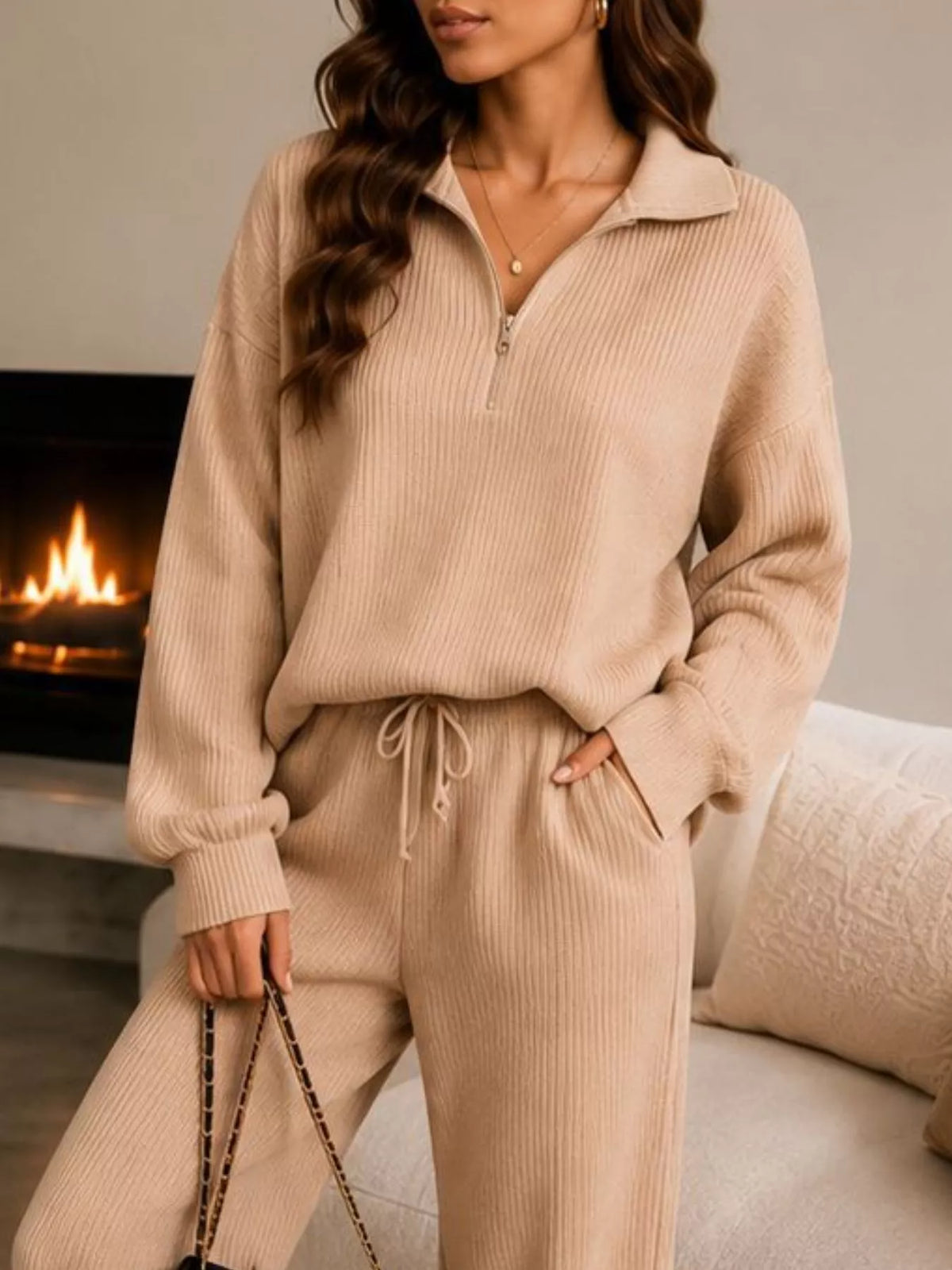 Ribbed Knit Quarter-Zip Top and Wide-Leg Pants Set - Tan - View 2