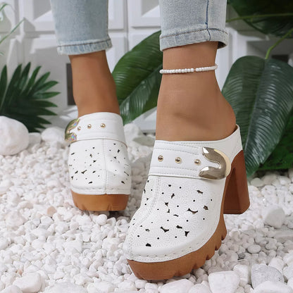 Round Toe Block Heels Sandals - White - View 3