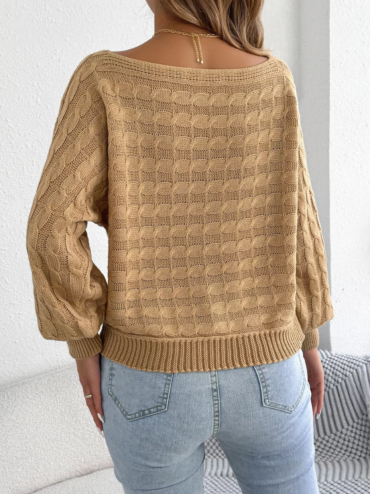 Cable Knit Boat Neck Sweater - Camel - View 6