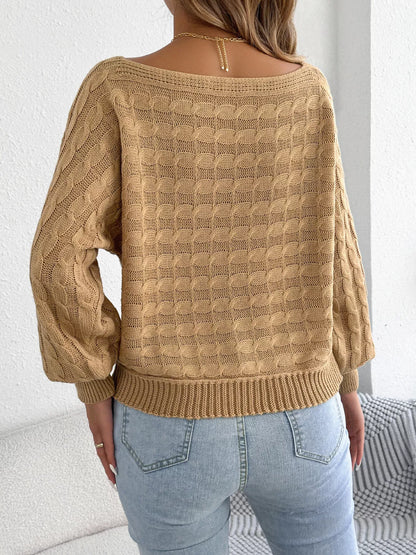 Cable Knit Boat Neck Sweater - Camel - View 6