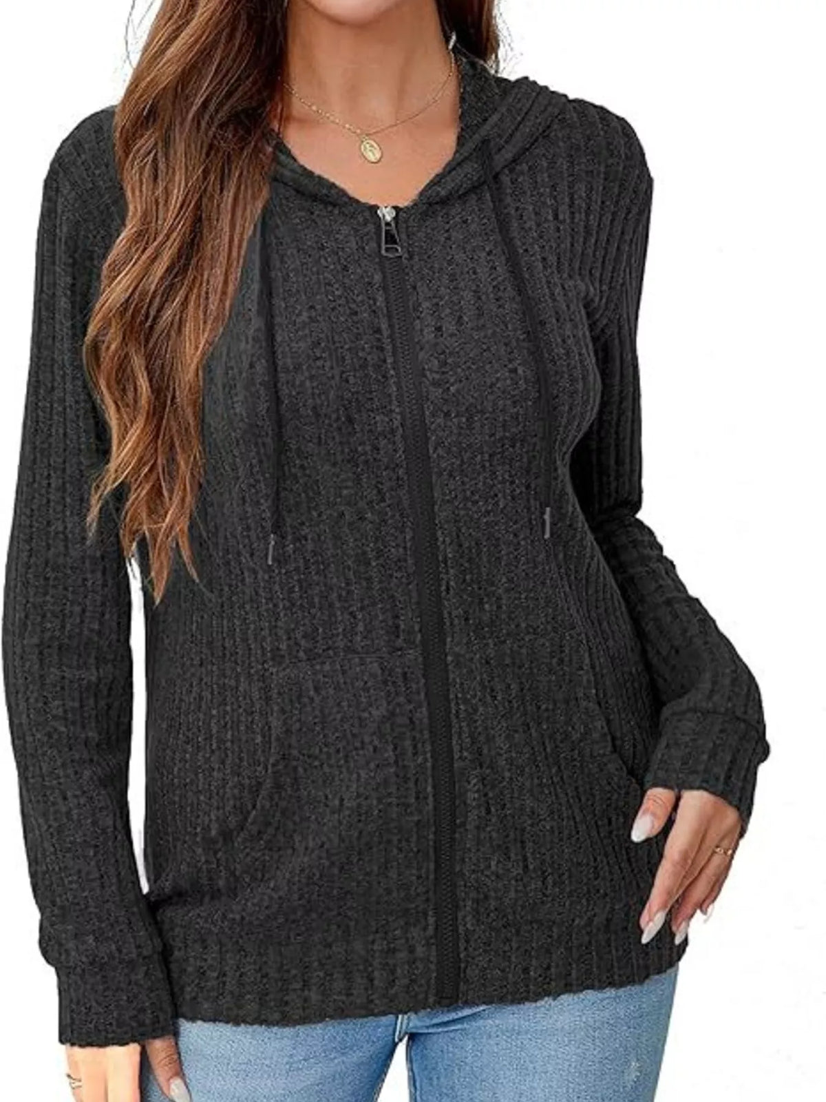 Ribbed Knit Zip-Up Hooded Cardigan - Black - View 1
