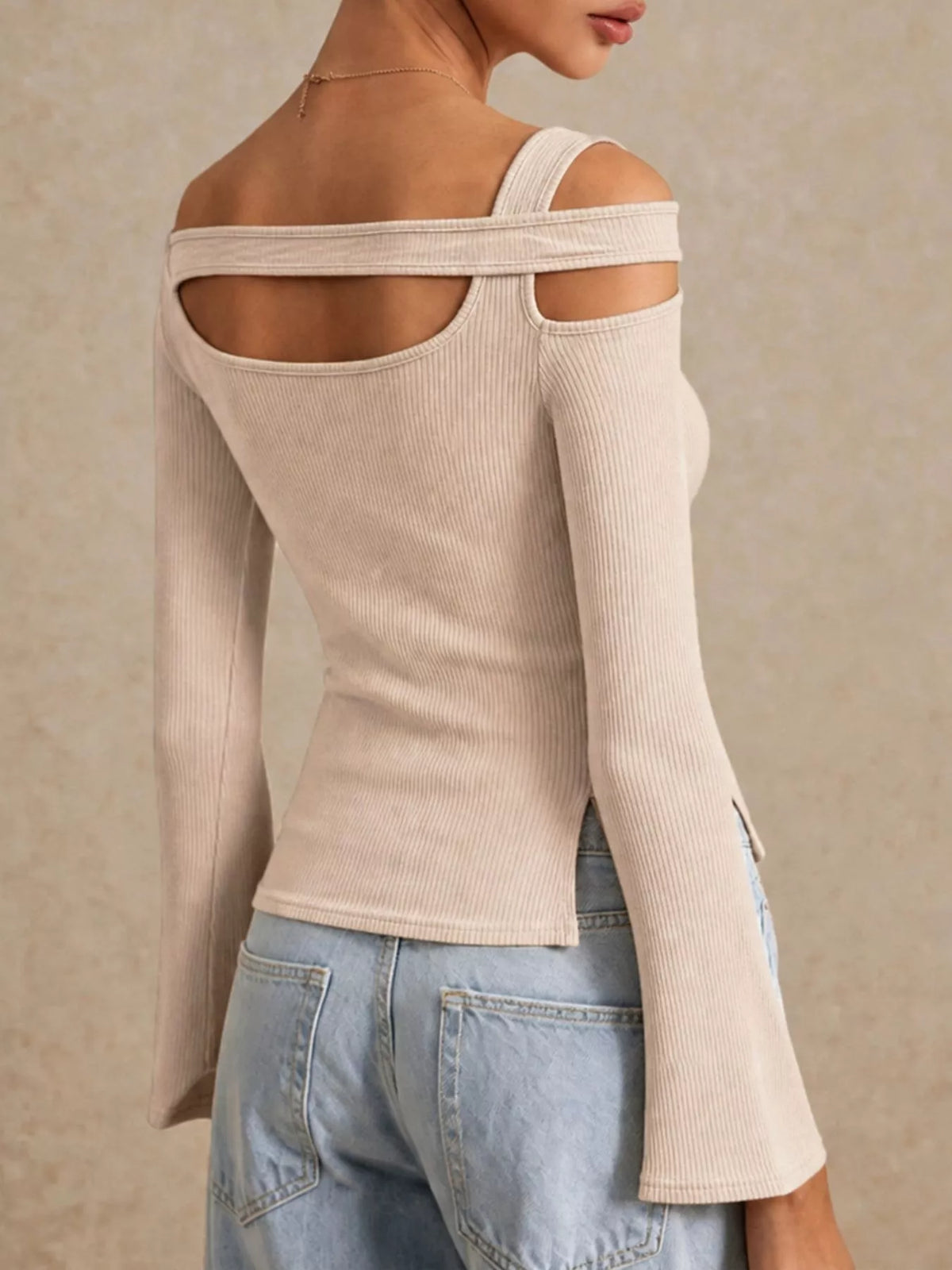 Side Slit Cutout Ribbed Long Sleeve T-Shirt - Apricot - View 5