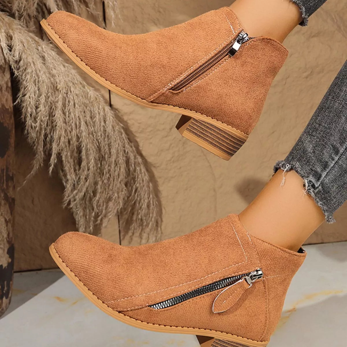 Point Toe Block Heels Boots - Brown - View 21