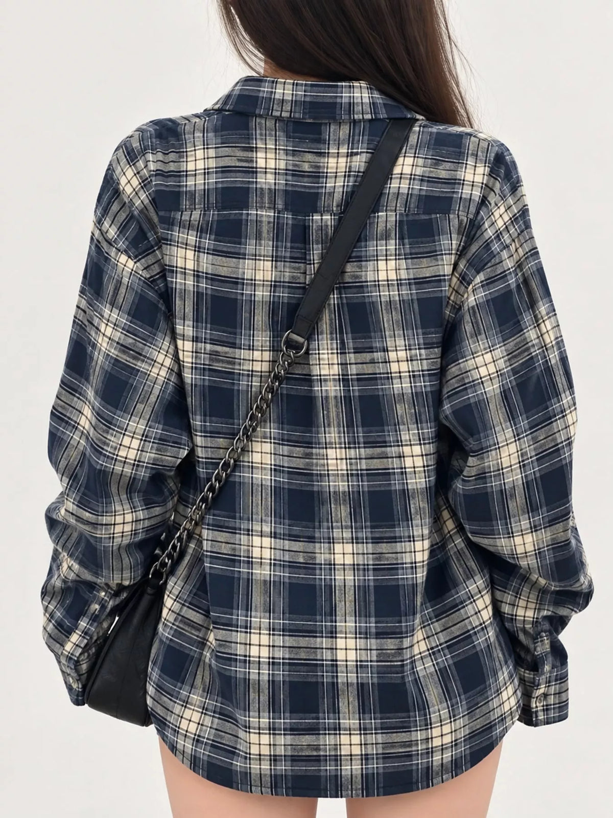 Casual Loose Fit Plaid Shirt - Navy-Plaid - View 4