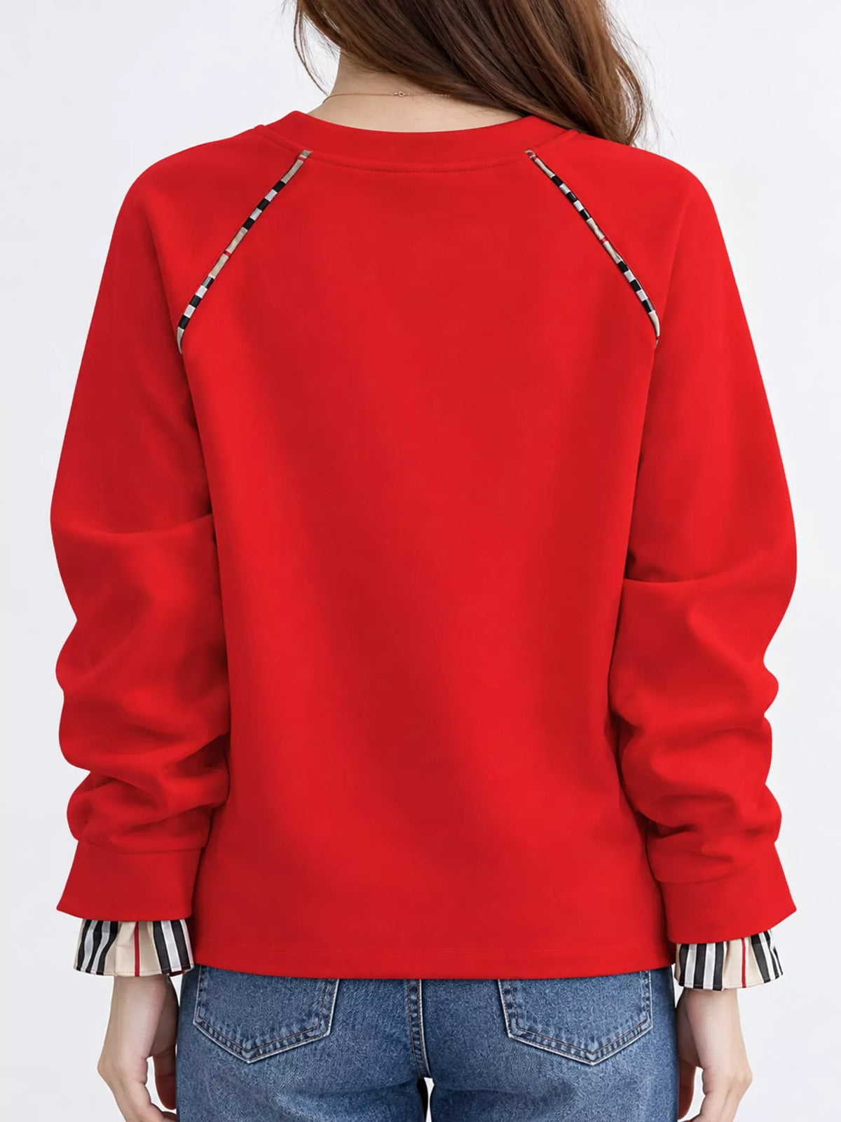 Plaid-Trimmed Crew Neck Sweatshirt - Red-Plain - View 7