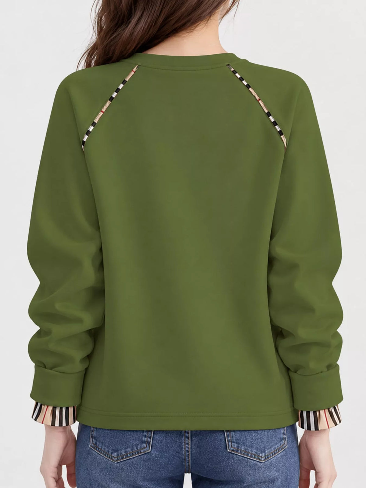 Plaid-Trimmed Crew Neck Sweatshirt - Army Green-Plain - View 11