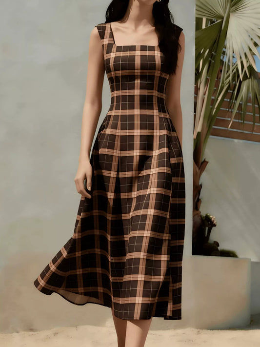 Square Neck Plaid Midi Dress - Brown - View 2