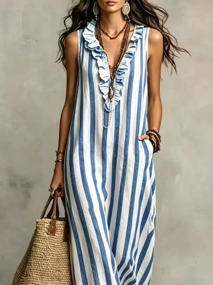 Full Size Sleeveless Striped Ruffle V-Neck Maxi Dress Plus Size - Blue - View 2