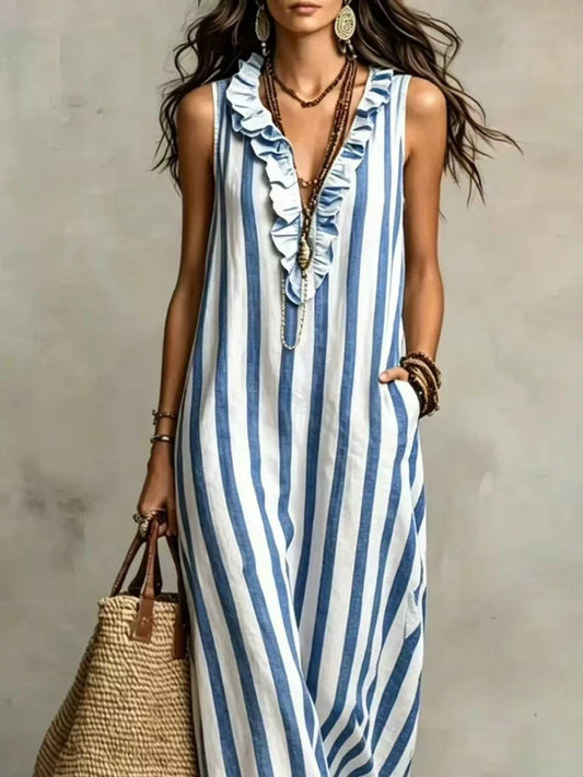 Full Size Sleeveless Striped Ruffle V-Neck Maxi Dress Plus Size - Blue - View 2