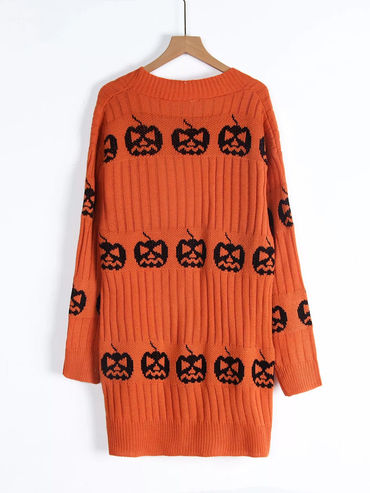 Halloween Pumpkin Open Front Knit Cardigan - Orange - View 5