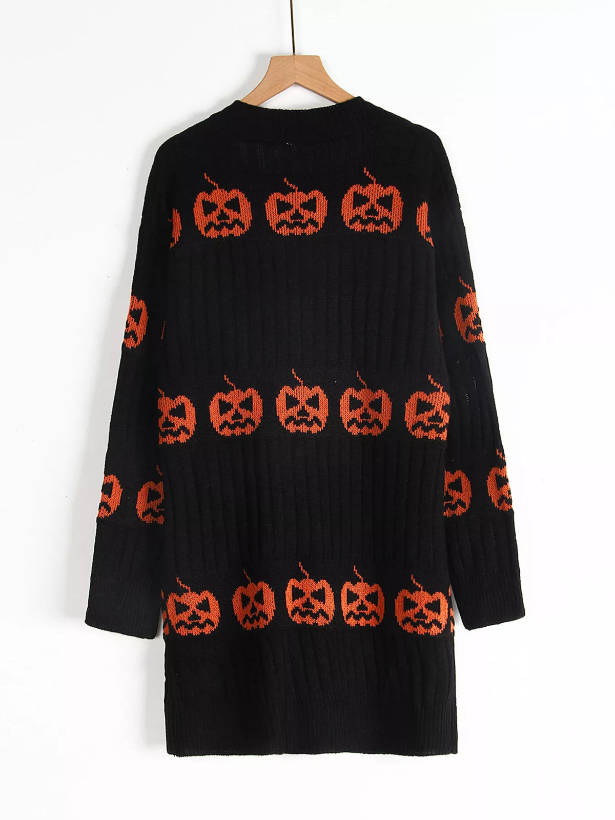 Halloween Pumpkin Open Front Knit Cardigan - Black - View 4
