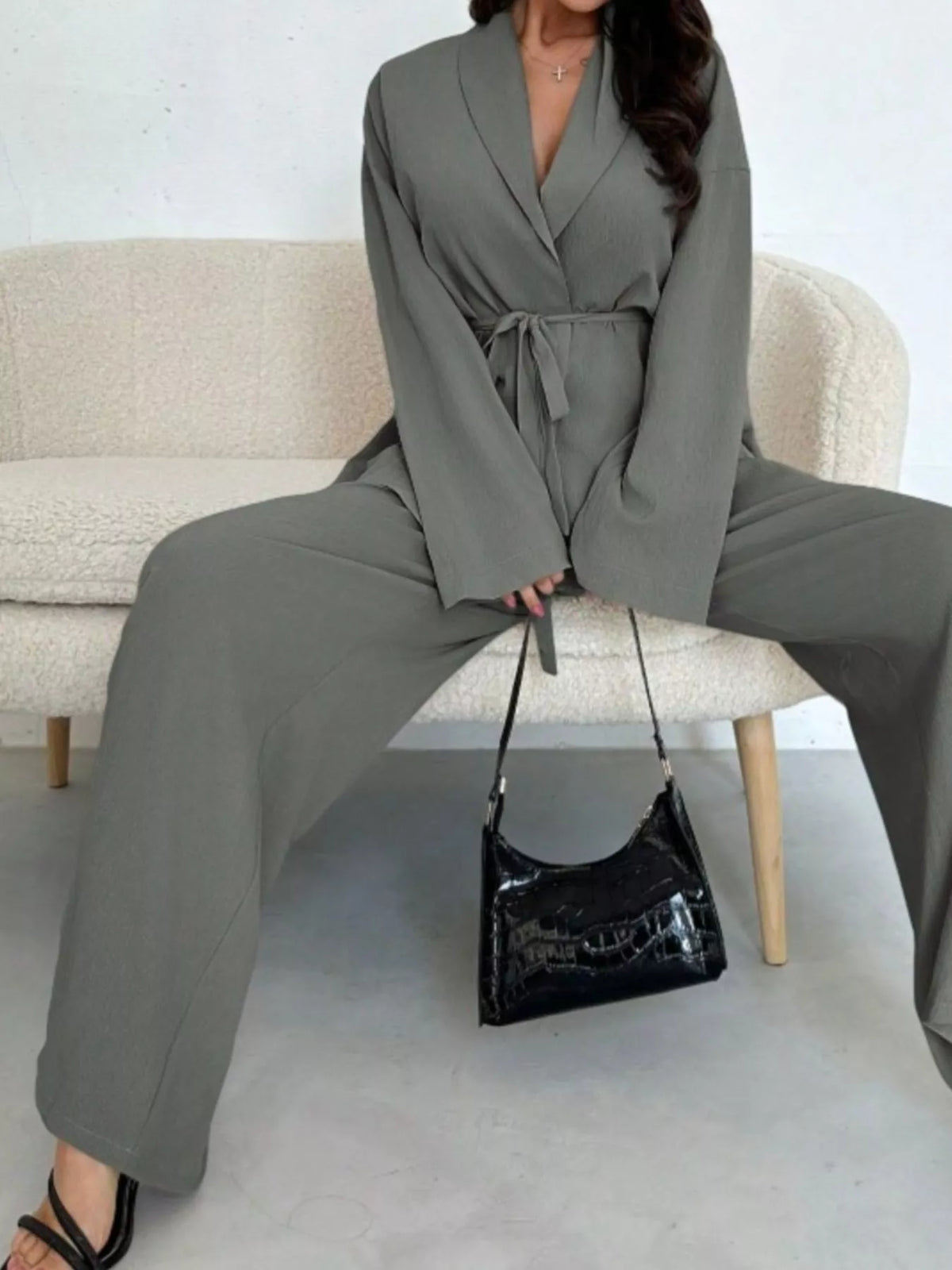 Front Tied Shirt and Wide-Leg Pants Set - Gray - View 20