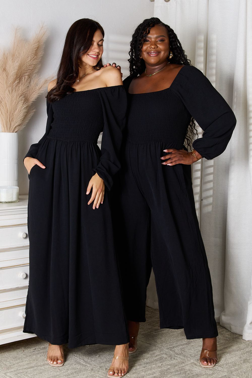 Double Take Square Neck Jumpsuit with Pockets - Black - View 2