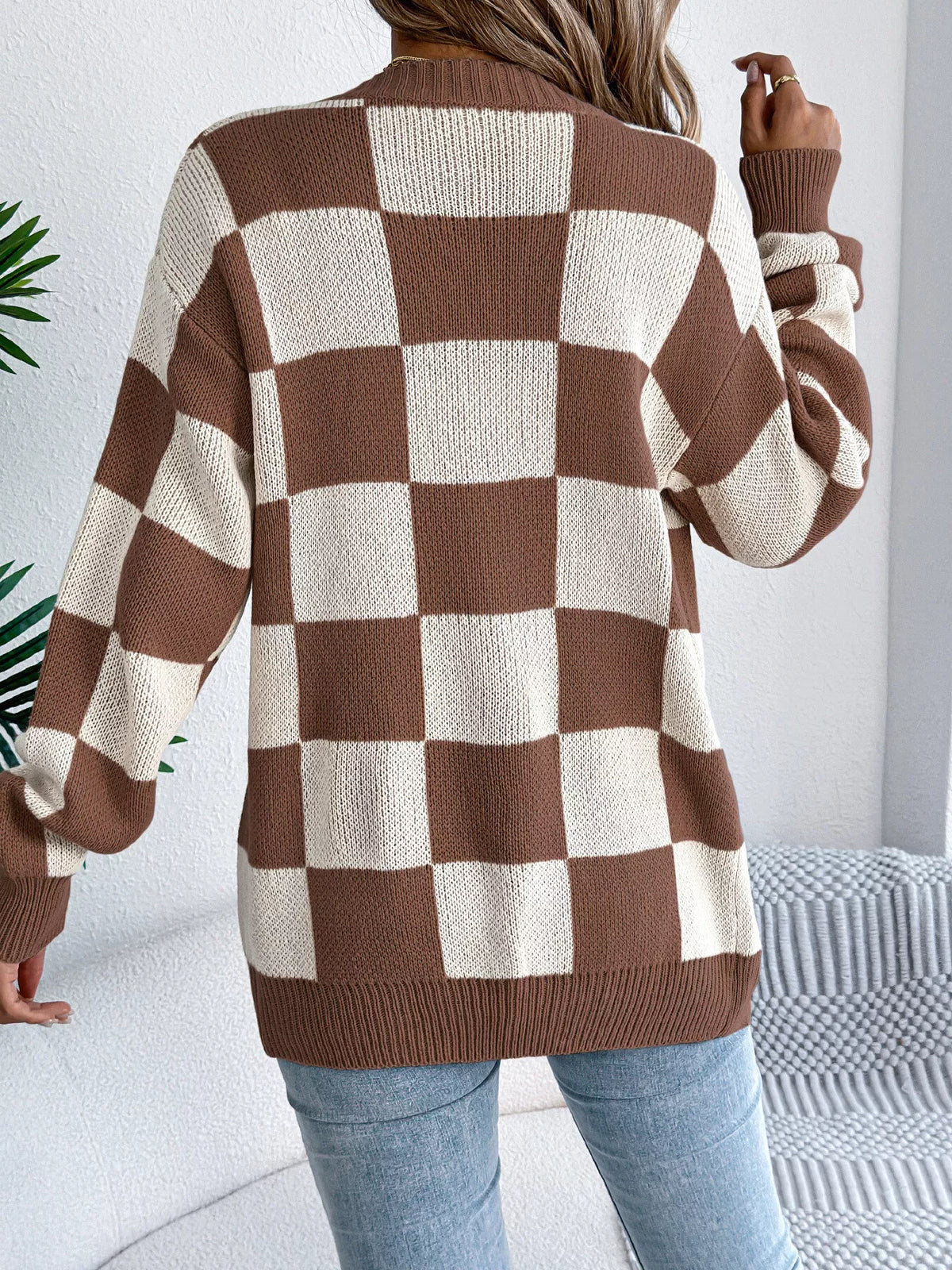 Checkerboard Pattern Open Front Knit Cardigan - Taupe - View 5