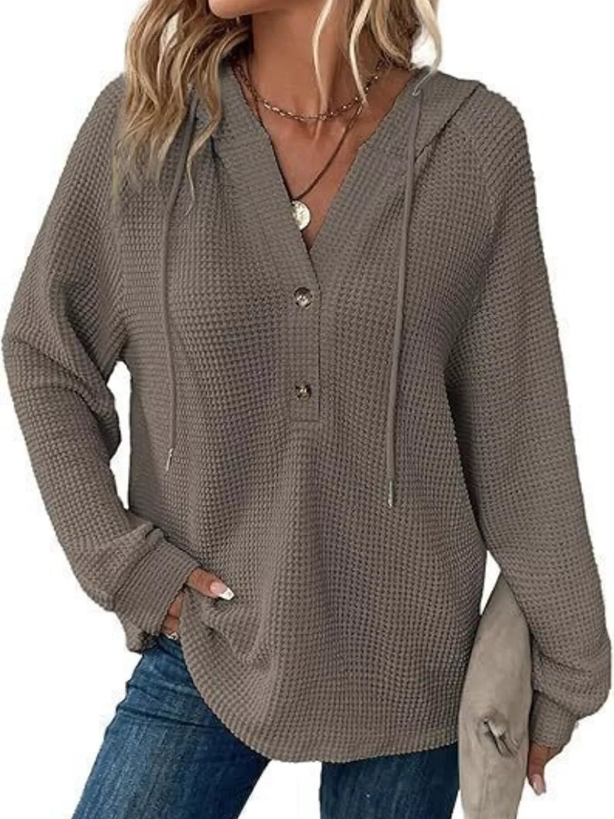 Full Size Waffle Knit Half-Button Hoodie Plus Size - Grey - View 5
