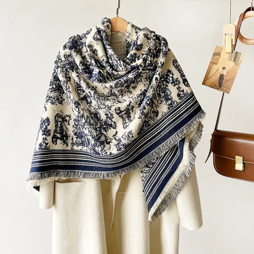 Printed Raw Hem Scarf - Peacock  Blue - View 1