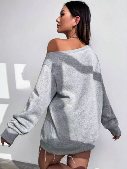 One Shoulder Dropped Shoulder Sweatshirt - Gray - View 3