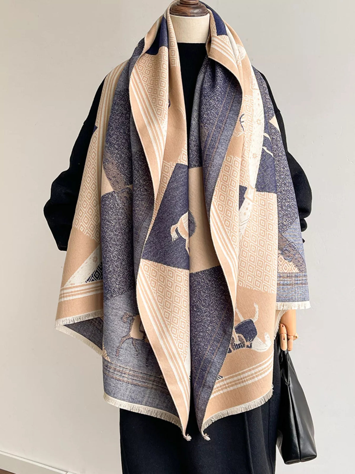 Equestrian Print Reversible Scarf - Blue - View 6