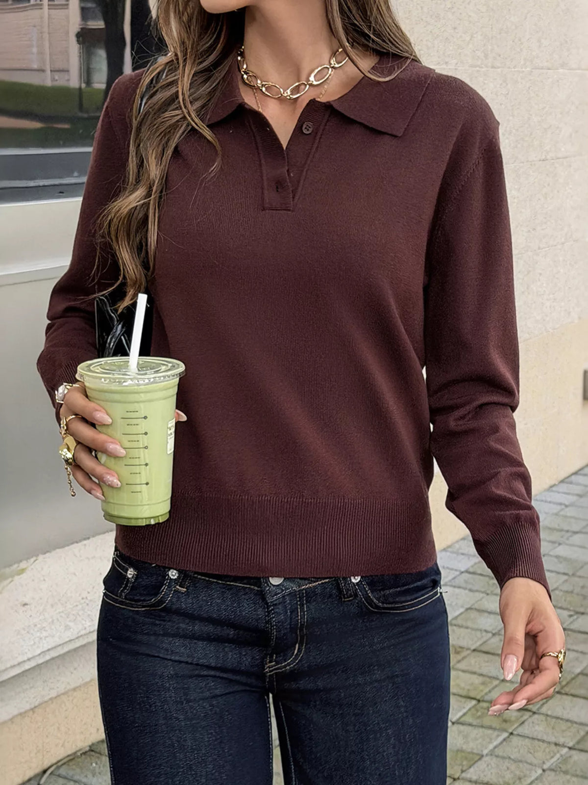 Polo Collar Knit Sweater - Brown - View 1