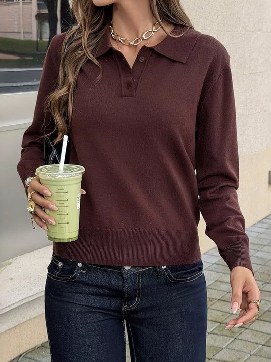 Polo Collar Knit Sweater - Brown - View 1