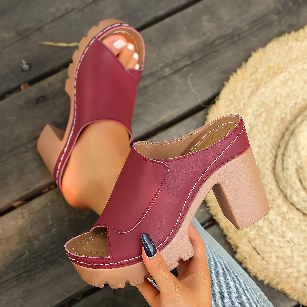 Peep Toe Block Heels Sandals - Burgundy - View 9