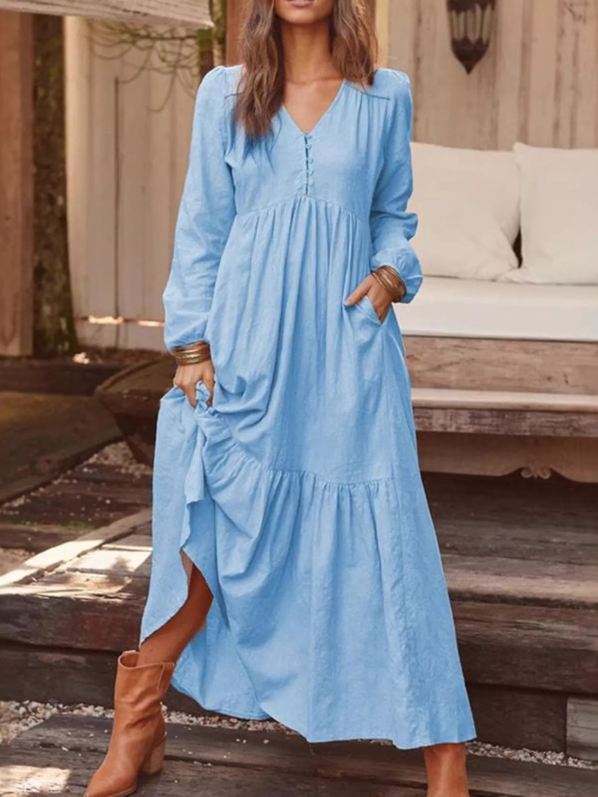 Full Size V-Neck Long Sleeve Tiered Maxi Dress with Pockets Plus Size - Light Blue - View 1