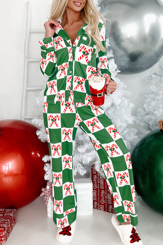 Green Holly Jolly Checkered Pattern 2pcs Long Pajama Set - Green - 1