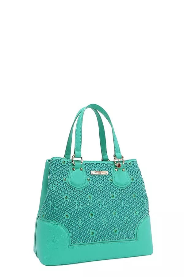 Nicole Lee USA Monogram Pattern Handbag with Rhinestones Decor - EMERALD - View 8